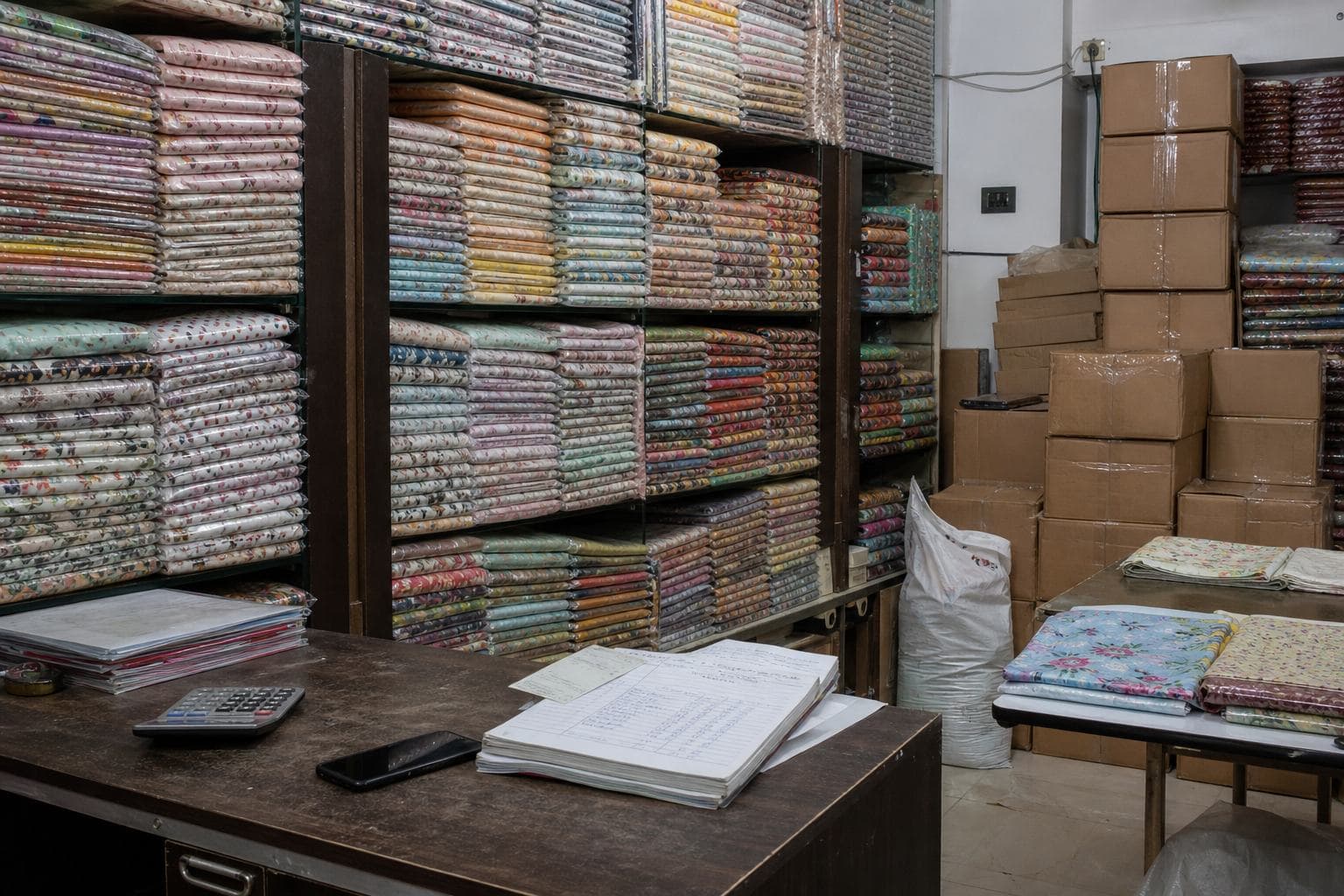 Faisalabad clothing shop with printed lawn on the racks.