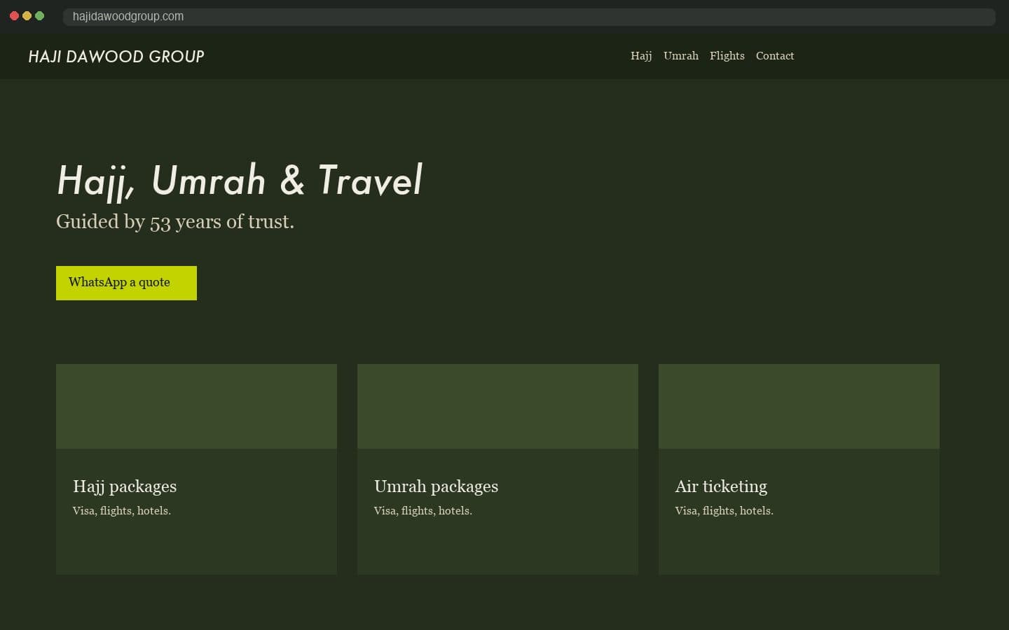 Poster of the Haji Dawood Group website 02X built — Hajj, Umrah and travel.